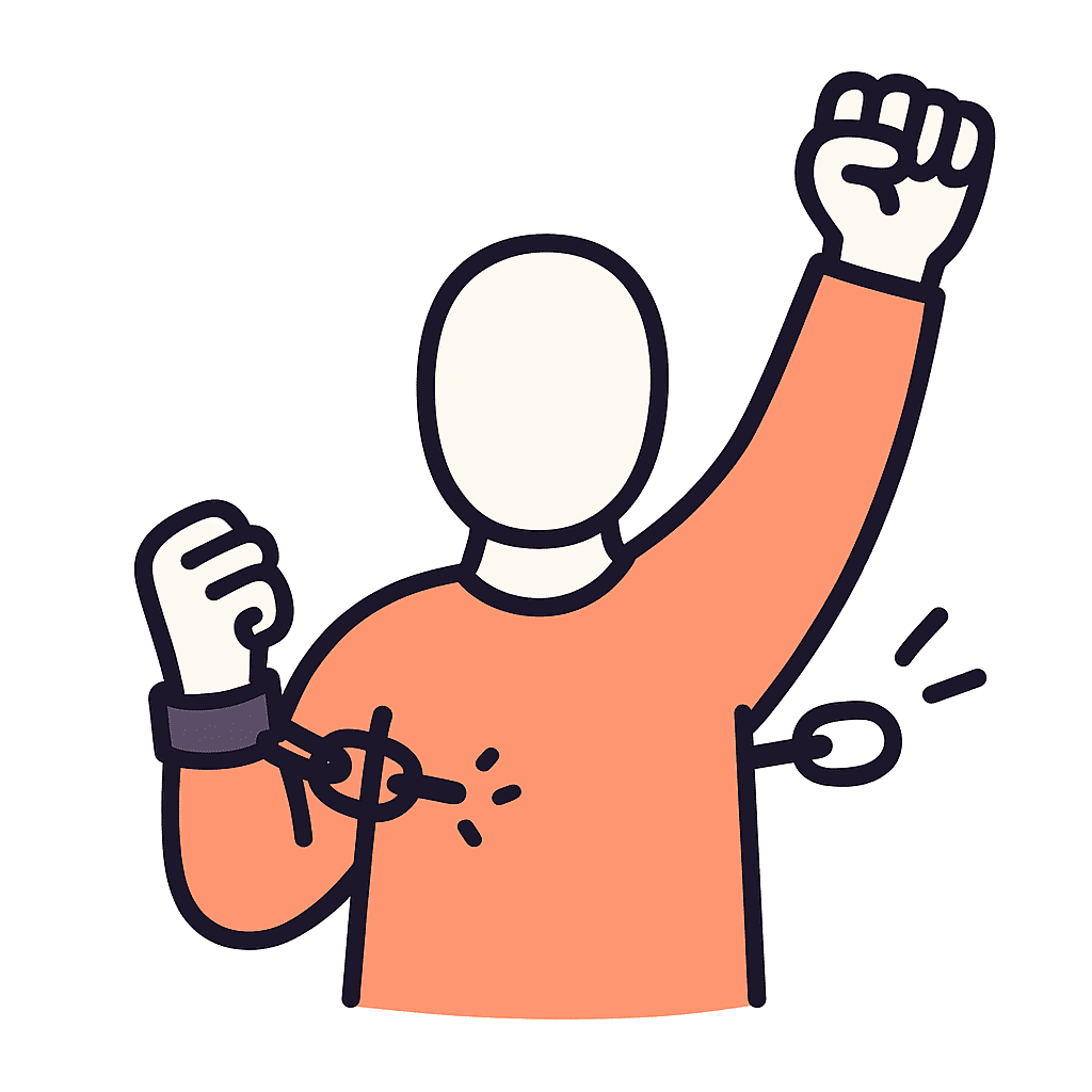freedom Dessin vectoriel d'une personne sans visage, levant les bras en signe de victoire ou de célébration, habillée en orange, avec des lignes simples et épurées.