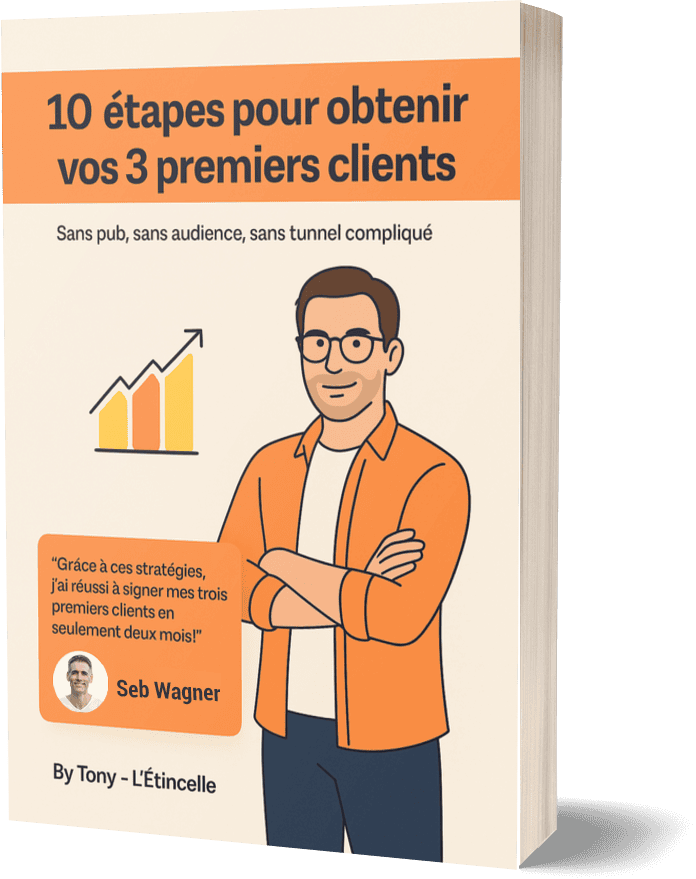 Perfectionnement-strategie-marketing-10-steps-pour-obtenir-ses-premiers-clients, Tony Rougé, expert en marketing digital, partage 10 étapes essentielles pour attirer rapidement ses premiers clients sans publicité ou tunnel compliqué, illustré par un homme confiant en illustration.